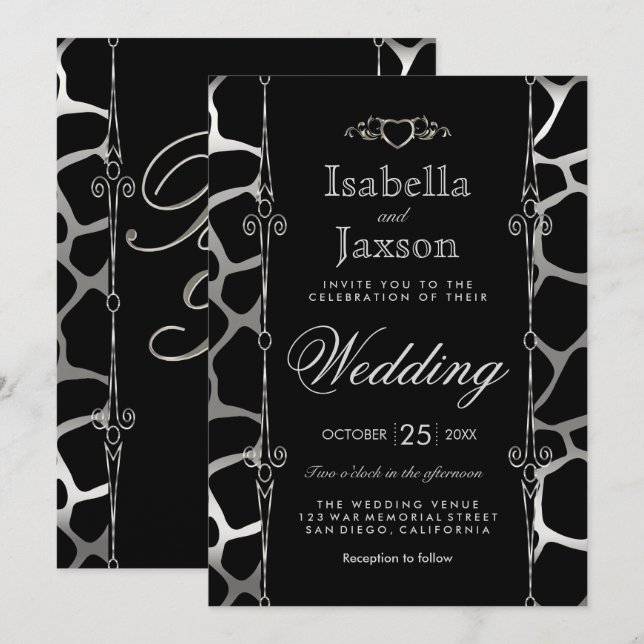 Invitation Mariage élégant en Motif Silver & Black Giraffe (Devant / Derrière)