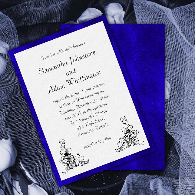 Invitation Mariage élégant en velours bleu et ornements noirs (Créateur téléchargé)