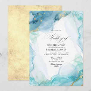 Invitation Mariage Élégant Encre Marbre Bleu et Or
