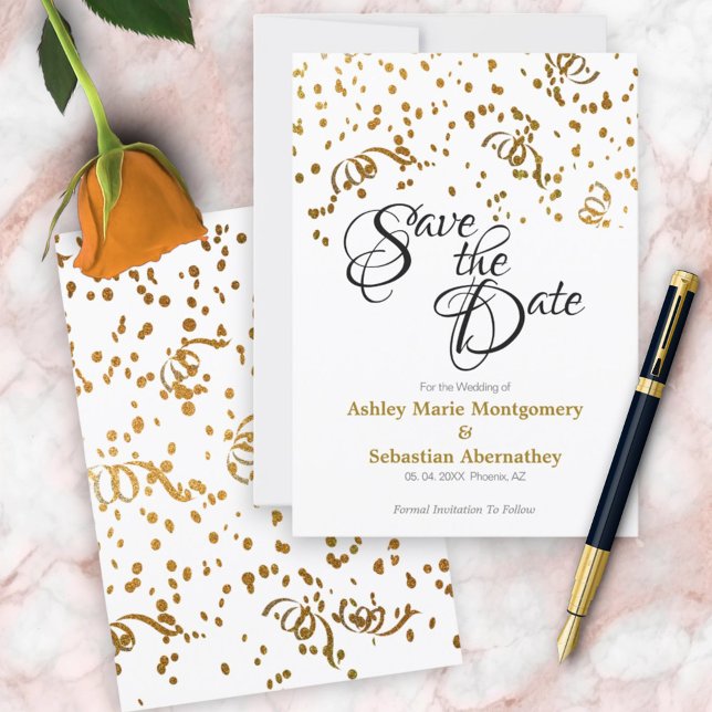 Invitation Mariage élégant Enregistrer la date Gold Confetti (front and back save the date invitation)