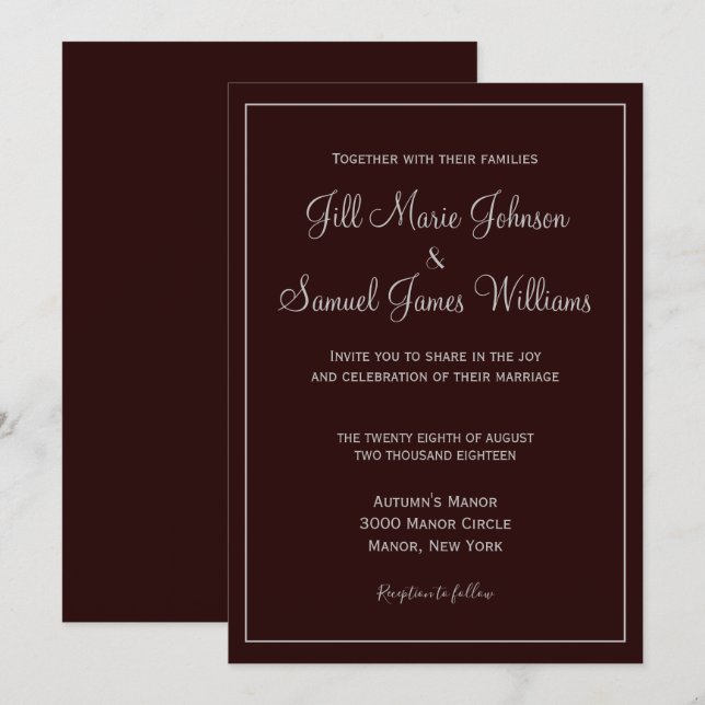 Invitation Mariage élégant et foncé (Devant / Derrière)