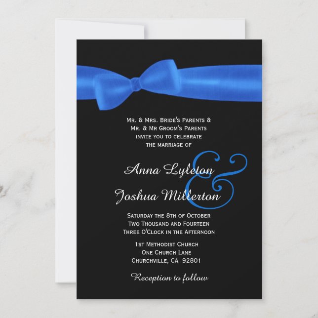 Invitation Mariage élégant et noir ROYAL BLUE Faux Satin Bow (Devant)