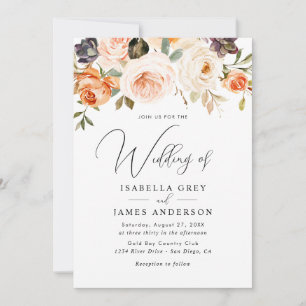 Invitation Mariage Élégant Fleur de Pêche Orange Feuillage