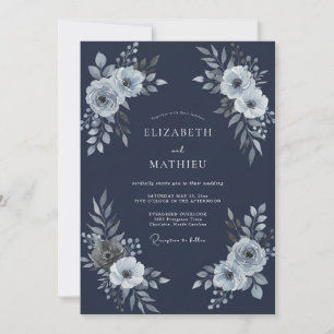 Invitation Mariage Élégant Fleur Romance Bleu Marine