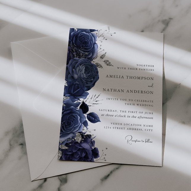 Invitation Mariage Élégant Fleuris Argent et Marine (Créateur téléchargé)