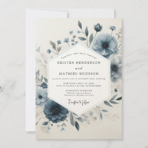 Invitation Mariage Élégant Fleuris Héritage Bleu Poussiéreux