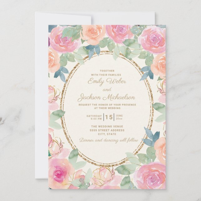 Invitation Mariage Élégant Fleurs Aquarelle Rose Pêche Or (Devant)