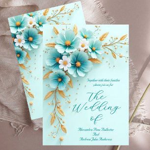 Invitation Mariage Élégant Fleurs Bleu Canard Blanc Or