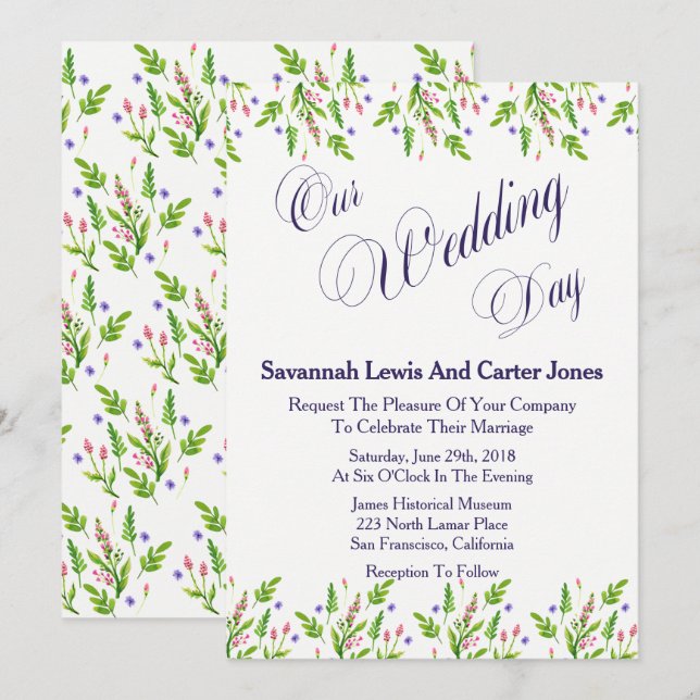 Invitation Mariage élégant Fleurs d'été (Devant / Derrière)