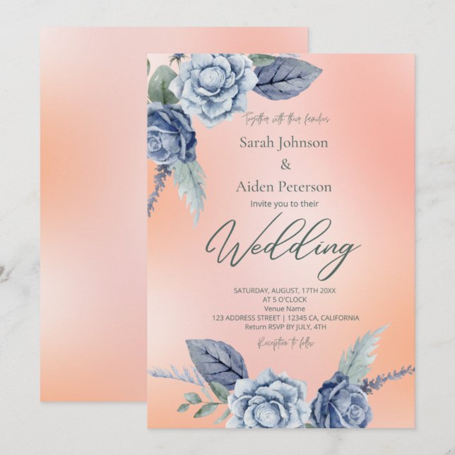 Invitation Mariage Élégant Fleurs Pêche et Bleu Poussiéreux  (Devant / Derrière)
