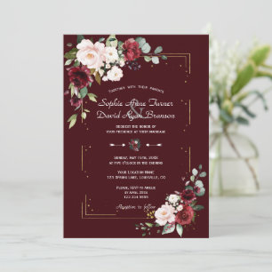 Invitation Mariage élégant fleurs rouge Bourgogne doré