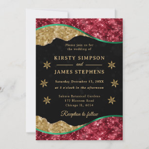 Invitation Mariage élégant flocon de neige vert rouge et or