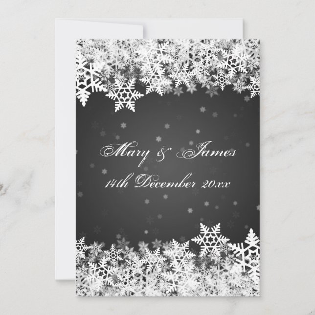 Invitation Mariage Élégant Flocons de Neige Hiver Noir (Devant)