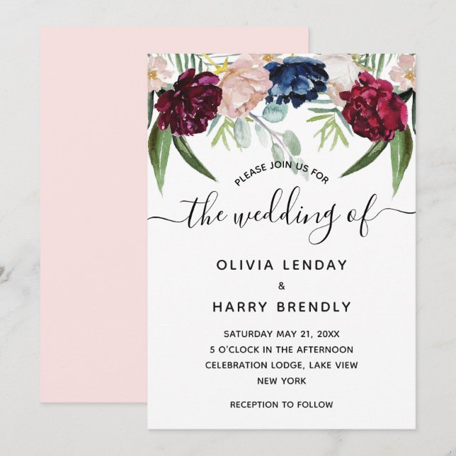 Invitation Mariage Élégant Floral Aquarelle Rustique (Devant / Derrière)