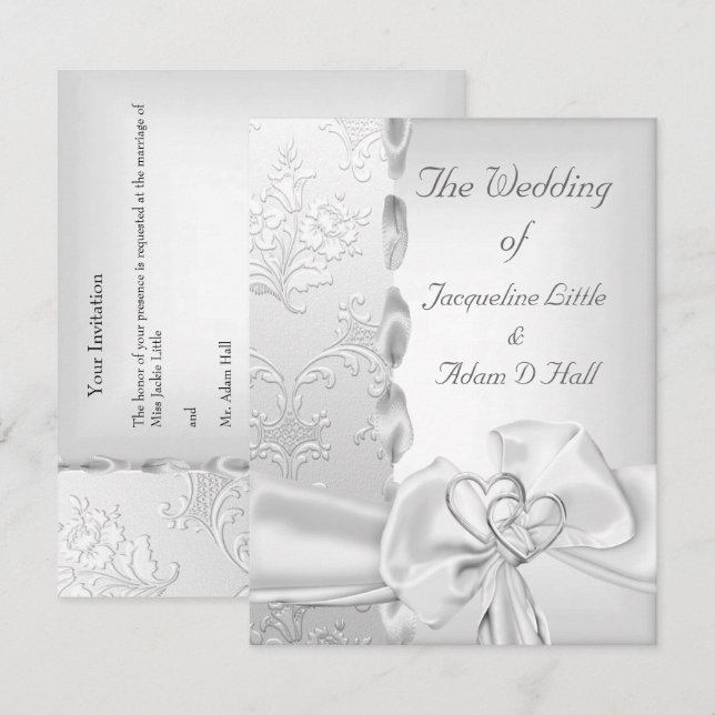 Invitation Mariage élégant Floral Argent Blanc Coeurs Bow (Devant / Derrière)