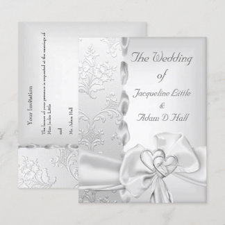Invitation Mariage élégant Floral Argent Blanc Coeurs Bow