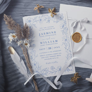 Invitation Mariage élégant floral blanc et bleu avec code QR
