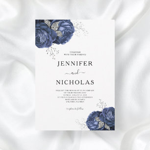 Invitation Mariage Élégant Floral Bleu Nuit Pivoines