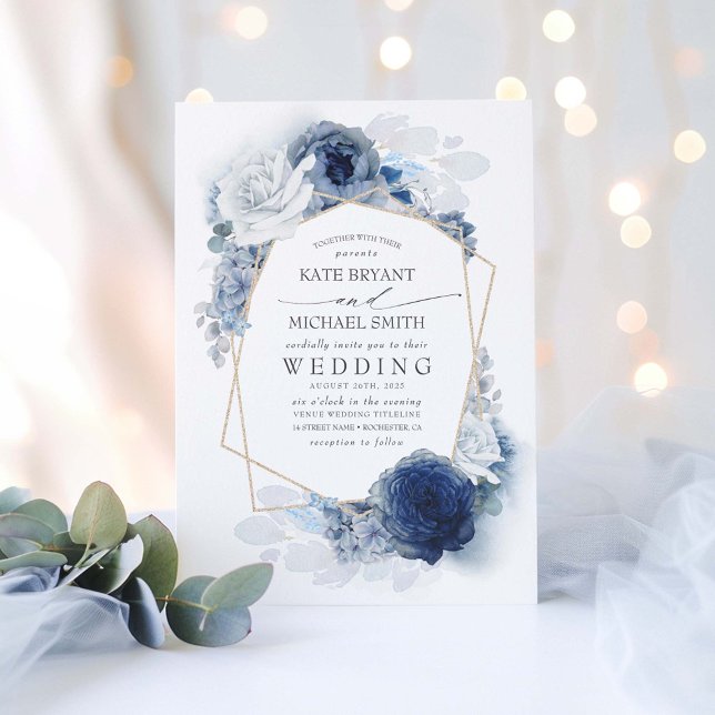 Invitation Mariage élégant floral bleu poussiéreux et marine (Elegant Floral Dusty Blue Wedding Invitation)