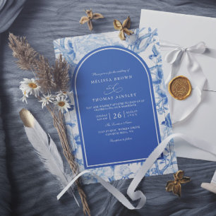 Invitation Mariage Élégant Floral Chinois Bleu Blanc de Delft