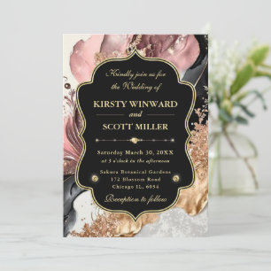 Invitation Mariage Élégant Floral Marbre Or Rose