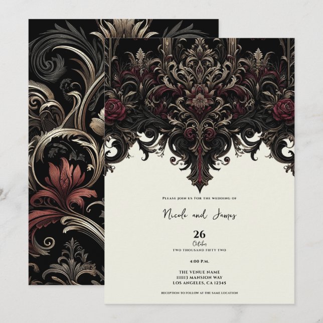 Invitation Mariage élégant floral orné gothique (Devant / Derrière)