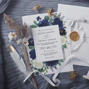 Invitation Mariage élégant floral QR Code bleu marine argent