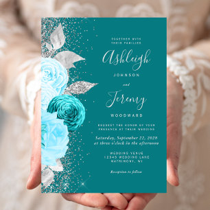 Invitation Mariage Élégant Floral Turquoise Argent Paillettes