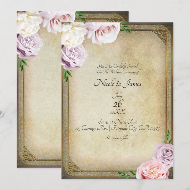 Invitation Mariage Élégant Floral Végétal Livre Ancien (Devant / Derrière)