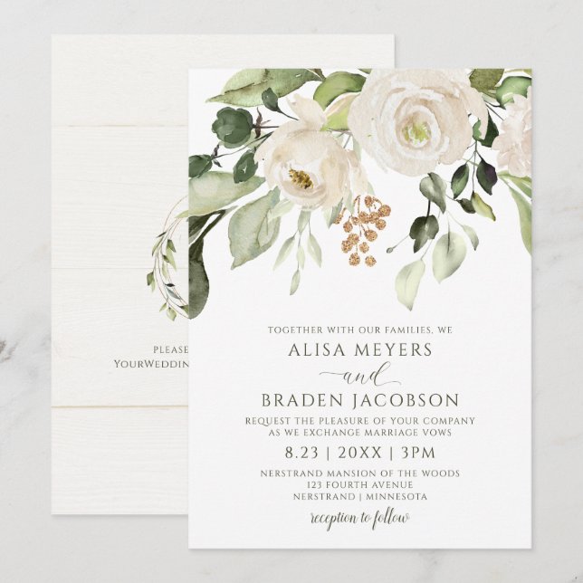 Invitation Mariage élégant Foliage Vert Or Blanc Floral (Devant / Derrière)