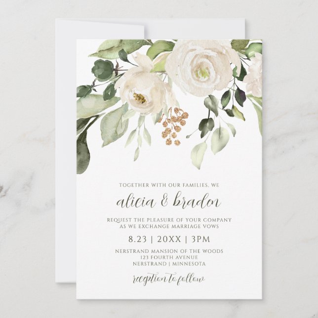Invitation Mariage élégant Foliage Vert Or Blanc Floral (Devant)