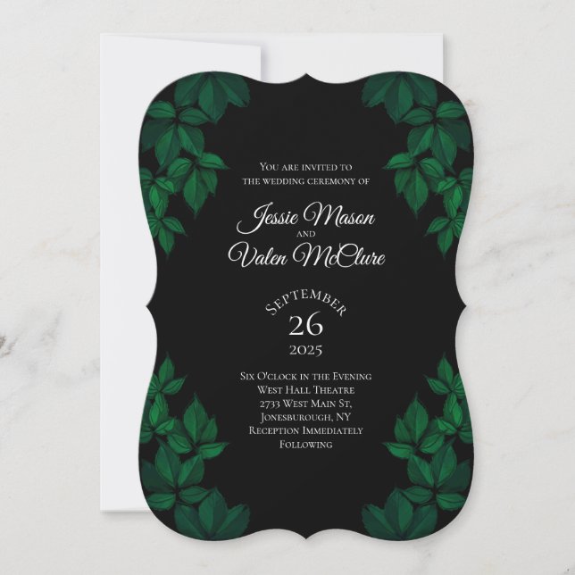 Invitation Mariage élégant gothique Feuille vert et noir (Devant)