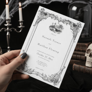 Invitation Mariage élégant gothique vintage toile noire crâne