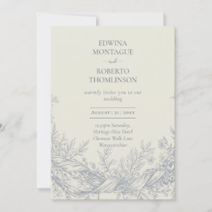 Invitation Mariage élégant gravé botanique bleu héritage