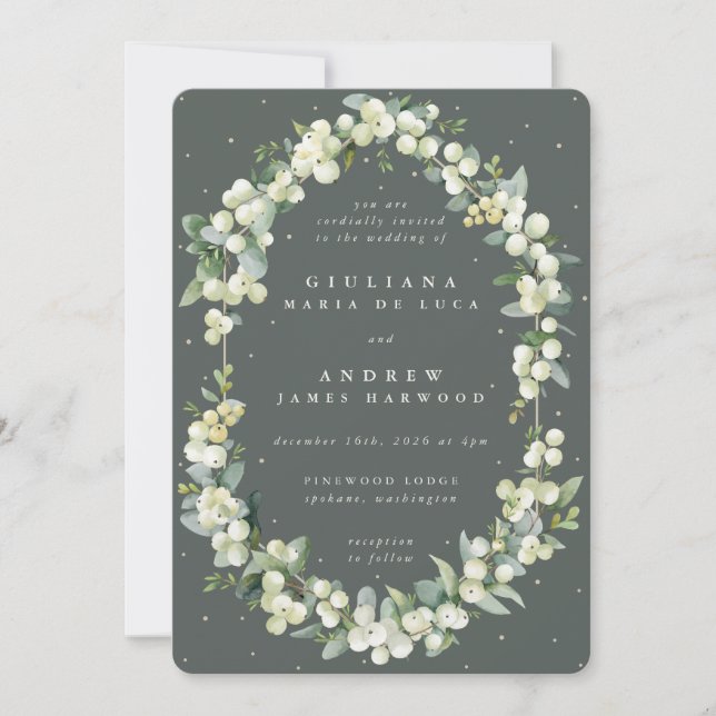 Invitation Mariage Élégant Gris Vert Snowberry+Eucalyptus (Devant)