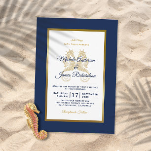 Invitation Mariage élégant Hippocampes Bleu Nuit Or Moderne