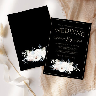 Invitation Mariage Élégant Hiver Blanc Floral Noir