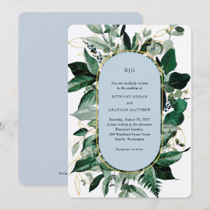 Invitation Mariage Élégant Jardin Botanique Bleu Poussiéreux 