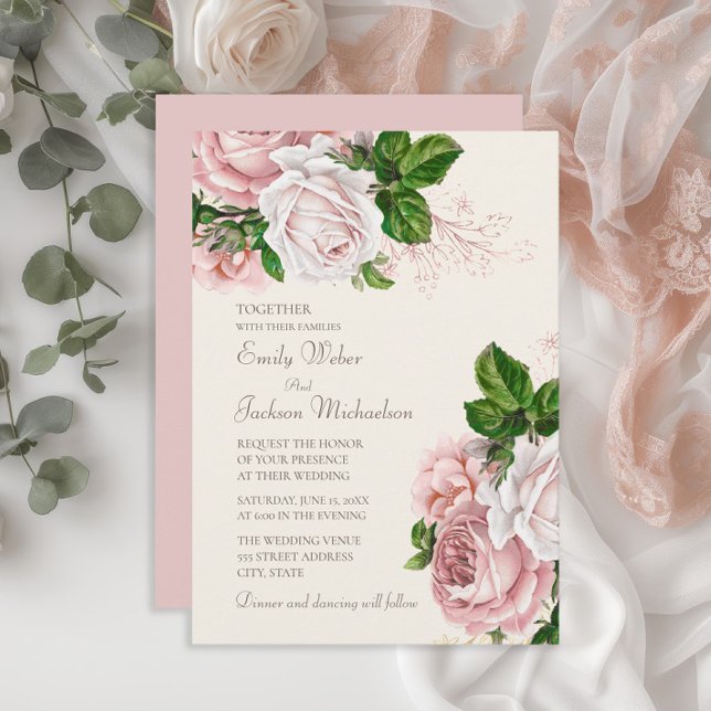Invitation Mariage Élégant Jardin Fleurs Roses Crème (Elegant blush pink vintage floral wedding invitation)