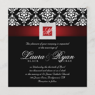 Invitation Mariage élégant Joyaux damassés Pièce rouge noir b