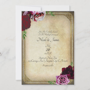 Invitation Mariage Élégant Livre Ancien Fleur Rose Foncé