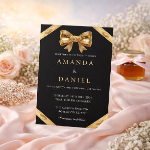 Invitation Mariage Élégant Luxe Noir et Ruban Doré