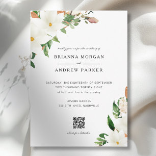Invitation Mariage élégant Magnolia Code QR Floral