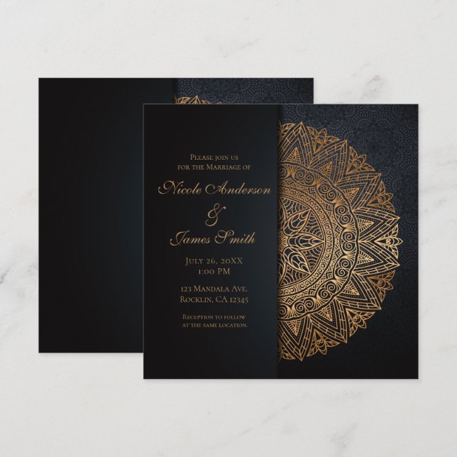 Invitation Mariage élégant mandala noir et or (Devant / Derrière)