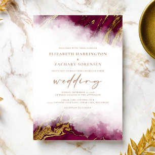 Invitation Mariage Élégant Marbre Bordeaux Rouge Or
