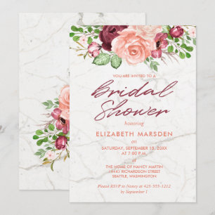 Invitation Mariage Élégant Marbre Bourgogne Pêche Mauve