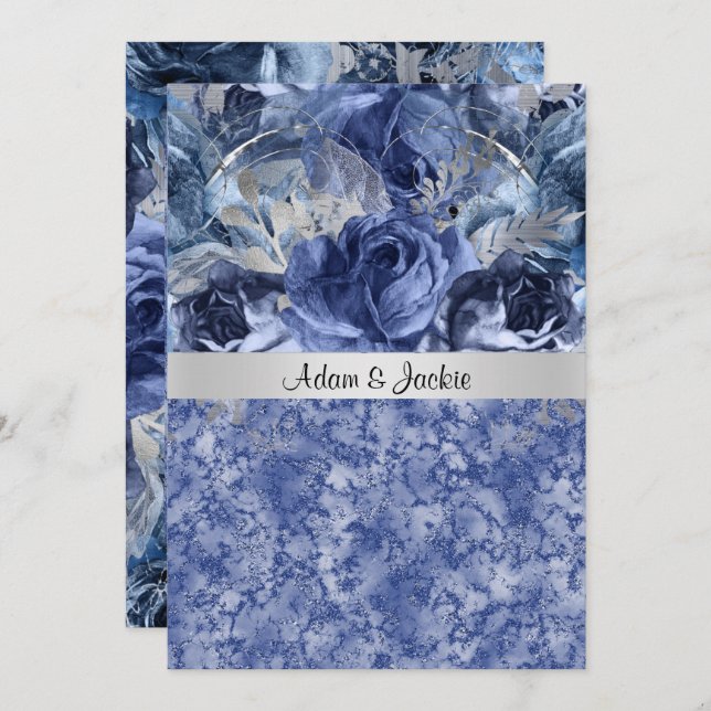 INVITATION MARIAGE ÉLÉGANT MARBRE FLORAL BLEU (Devant / Derrière)