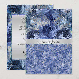 INVITATION MARIAGE ÉLÉGANT MARBRE FLORAL BLEU