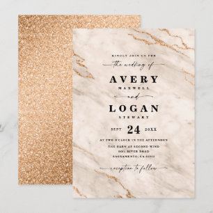 Invitation Mariage Élégant Marbre & Paillettes Beige & Or