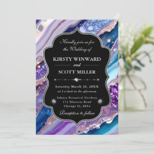 Invitation Mariage Élégant Marbre Paillettes Bleu Violet